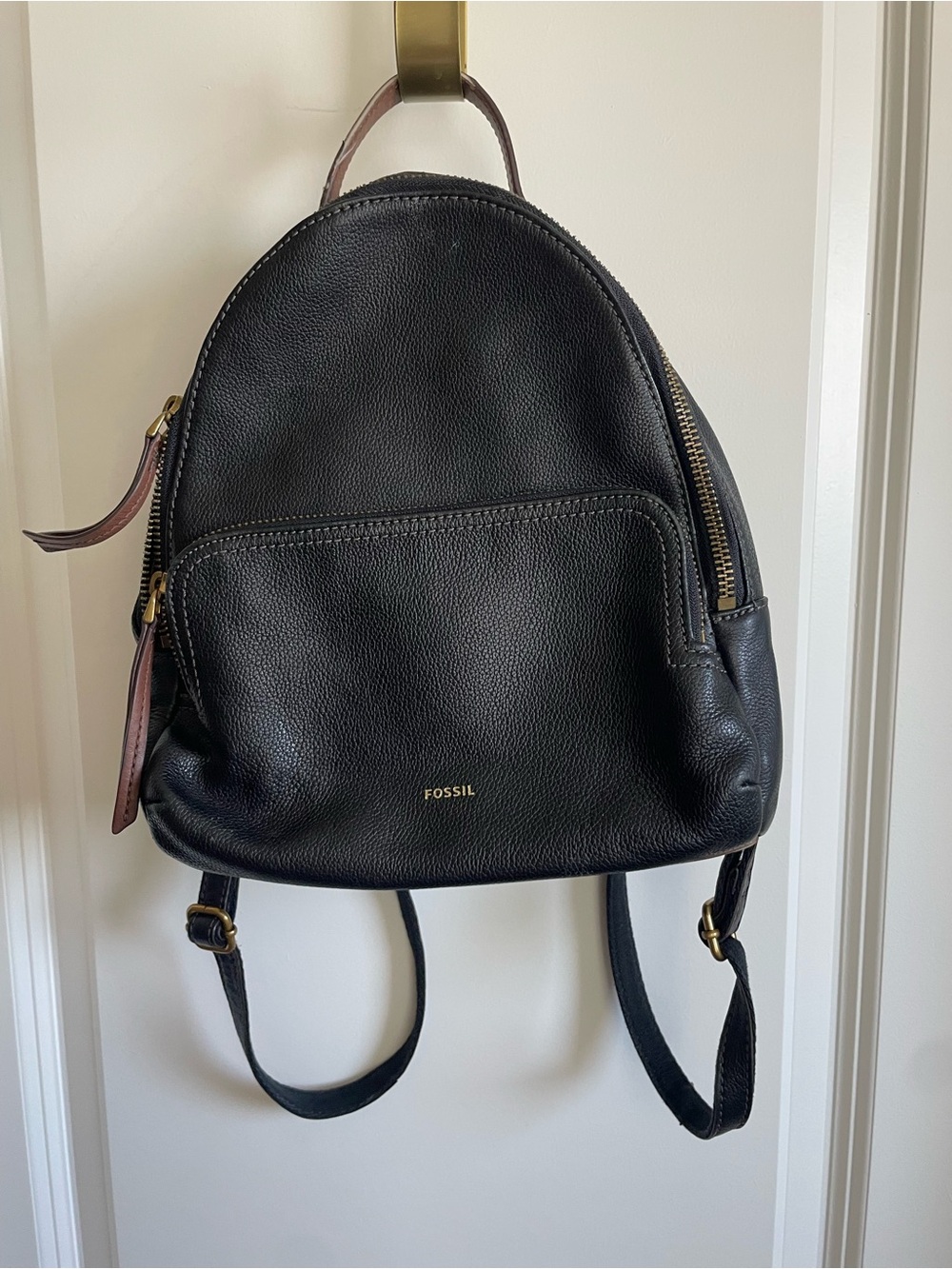 Fossil Black Pebbled Leather Mini Backpack with Bronze Hardware